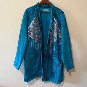 Vintage Sundance Denim Wear Southwestern Print Overcoat Jacket SZ M